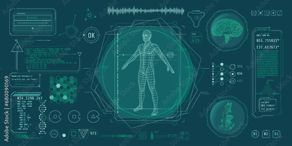 Wall mural hud interface design for decoding big data.
