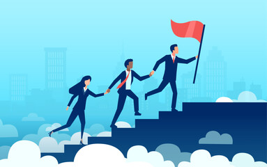 Obraz premium Team work success concept. Vector of a group of business people climbing up staircase with raised flag.