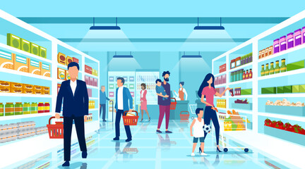 Vector of a group of people shopping at the supermarket, choosing food products on shelves - obrazy, fototapety, plakaty