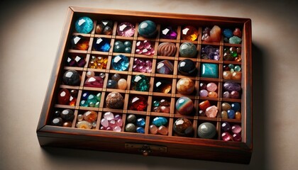 Collection of polished gemstones presented in a vintage wooden box with multiple compartments.