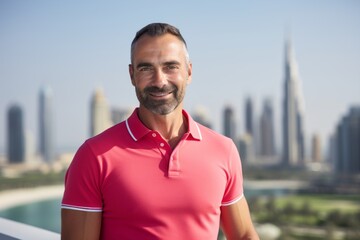 Portrait of a grinning man in his 40s wearing a breathable golf polo against a vibrant city skyline. AI Generation