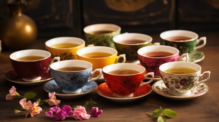 tea day, 10 cups of different teas, on saucers, next to flower petals and tea leaves, on a wooden table, banner