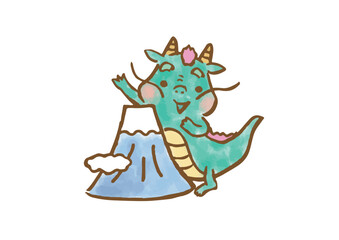 富士山と可愛い手描きの辰イラスト