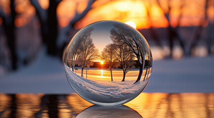 a wintery scene inside a snowball with mountains on the background