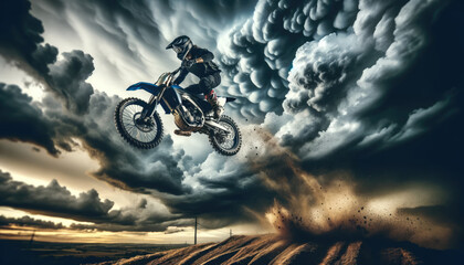 Motocross rider launches into the air, set against a dramatic sky. The rider, clad in full gear, is in perfect focus, with the bike's tires spinning off a trail of dirt. - obrazy, fototapety, plakaty