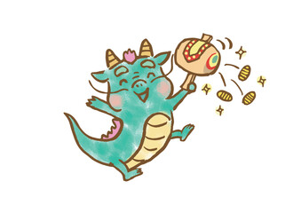 打ち出の小槌を持って小判を出す手描きの可愛い辰イラスト