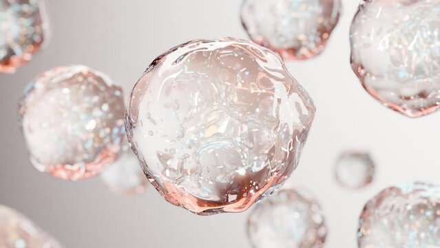 essential Oil Bubbles for cosmetics in water. Golden liquid bubbles, fluid flow. Collagen, atoms floating, Moisturizing Cream, Skin Serum, Vitamin, beauty concept, 3d render