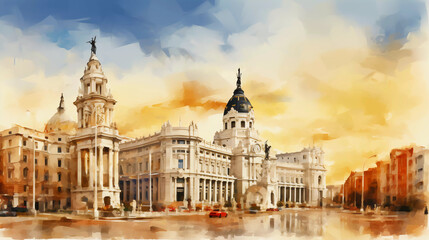 Fototapeta na wymiar Drawing of Madrid with landmark and popular for tourist attractions