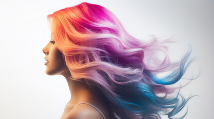 woman with colored colorful long hair, hair coloring