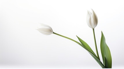 Singular beauty: A lone tulip stem on a pristine white background, capturing the elegance and simplicity of nature.