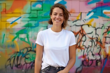 Fototapeta premium Portrait of a blissful woman in her 30s wearing a sporty polo shirt against a colorful graffiti wall. AI Generation