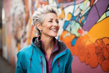 Portrait of a satisfied woman in her 50s sporting a breathable hiking shirt against a colorful...