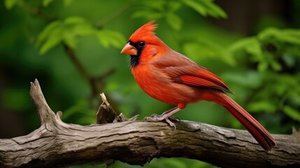 Vibrant Northern Cardinal perched on a tree branch, showcasing its sharp beak, distinctive crest, and sleek body. The red feathers stand out amidst the green foliage, capturing the beauty