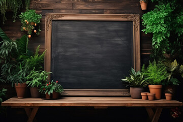 A rustic rectangle blackboard, framed in wood, stands alone in a garden, its empty surface awaiting creative expression. Generative AI.