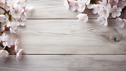 White Wood Planks Backdrop With Sakura Bloom Flowers