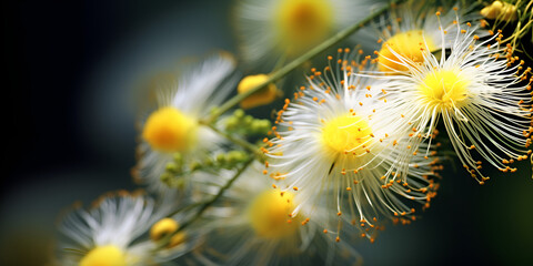 Botanical Poetry in Motion,A captivating macro view of a Mimosa flower its fine textures and intricate details.
