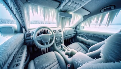 A chilling scene of a car's interior encapsulated in ice, with icicles dangling from the ceiling and frost clinging to every surface.  - obrazy, fototapety, plakaty