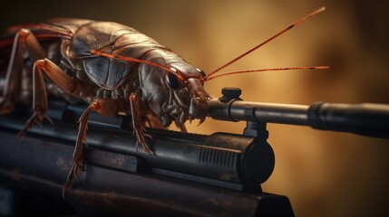 Precision pest control: A gun targets and eliminates a cockroach, symbolizing effective pest control concepts.