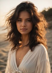 Fototapeta premium Beautiful photorealistic 25-year-old girl, black hair, brown eyes, white clothes, approachable expression, golden-hour sunlight, beach setting, high-resolution, 85mm lens, 8K, Generative AI