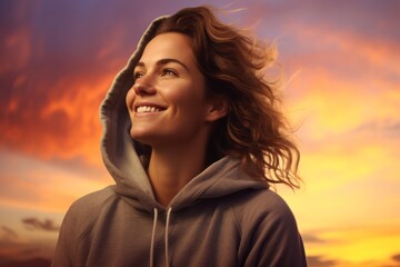 Fototapeta premium Portrait of a grinning woman in her 20s dressed in a comfy fleece pullover against a vibrant sunset horizon. AI Generation