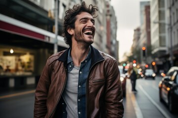 Fototapeta premium Portrait of a joyful man in his 30s sporting a stylish varsity jacket against a busy urban street. AI Generation