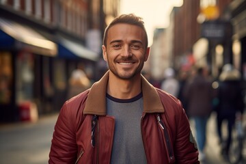 Fototapeta premium Portrait of a joyful man in his 30s sporting a stylish varsity jacket against a busy urban street. AI Generation