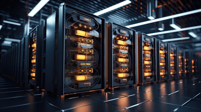 Cryptocurrency hub: Computer racks in a secure server room showcase cryptocurrency mining. Ideal for illustrating the intersection of technology, security, and digital finance