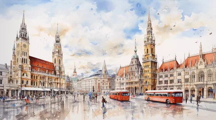 Stoff pro Meter Drawing of Munich with landmark and popular for tourist attractions © Johannes