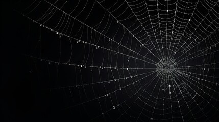 white cobweb on a black background in the dark.