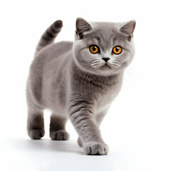 Blue British shorthair cat walking isolated on a white background, generative ai