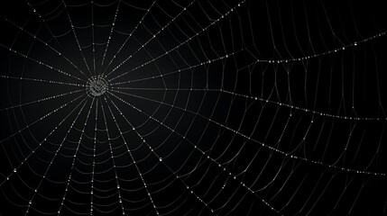 white cobweb on a black background in the dark.