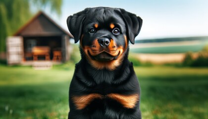 Close-up photograph of a Rottweiler puppy (Canis lupus familiaris) outdoors, displaying a strong build and glossy black and tan fur.
