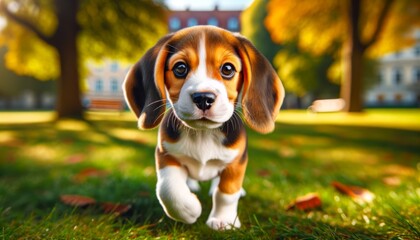 Close-up photograph of a Beagle puppy (Canis lupus familiaris) in a park, featuring floppy ears, a tri-color coat, and curious eyes.

