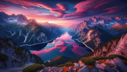 A spectacular view of a mountain lake at dawn, with the water perfectly reflecting the surrounding peaks and the sky painted in hues of pink and orange.