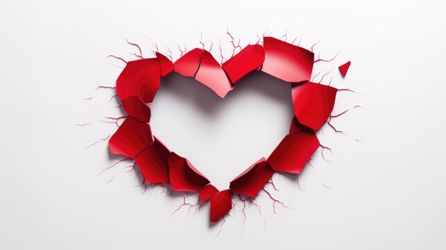 Emotional resonance: a striking image of a red heart-shaped hole torn in paper, isolated on a clean white background. Ideal for conveying love and the complexity of relationships