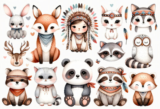 Watercolor a cute American Indian set with animals such as a rabbit, bear, fox, raccoon, deer, cat, panda, owl, and sloth. Each animal on white background.