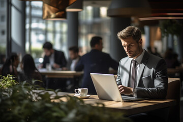 Fototapeta premium Businesswoman sharp suit focused expression working on a laptop in a bustling coffee shop.