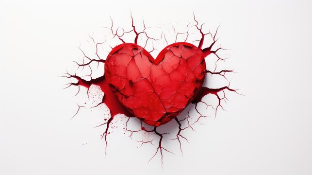 Emotional resonance: a striking image of a red heart-shaped hole torn in paper, isolated on a clean white background. Ideal for conveying love and the complexity of relationships