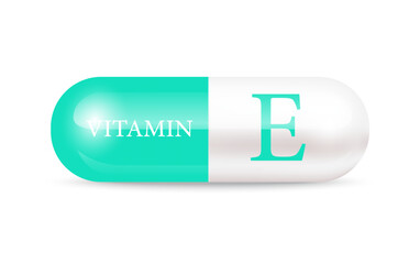 Capsule vitamin E (Thiamine) structure green, white. Vitamin complex with chemical formula. Drug business concept. Personal care, beauty concept. 3D Vector Illustration. transparent capsule pill.	