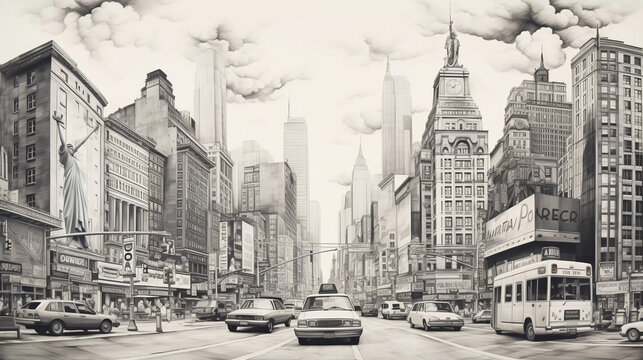Drawing of New York with landmark and popular for tourist attractions