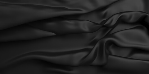 Fototapeta premium Black dark fabric satin texture. Rippled black silk fabric