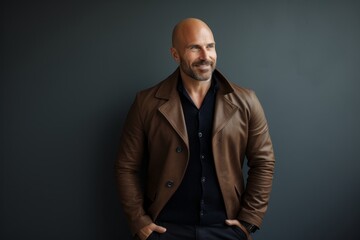 Obraz premium Portrait of a joyful man in his 40s sporting a stylish leather blazer against a modern minimalist interior. AI Generation