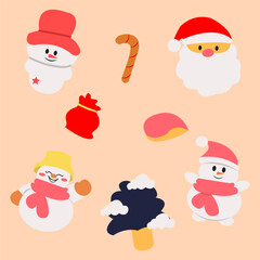 set of christmas icons with santa claus and snowman