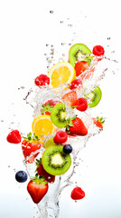 Fresh fruits falling in water splash isolated on white background, generative ai