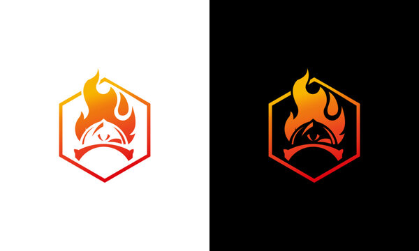 collection of firefighter helmets and fire logo design vector
