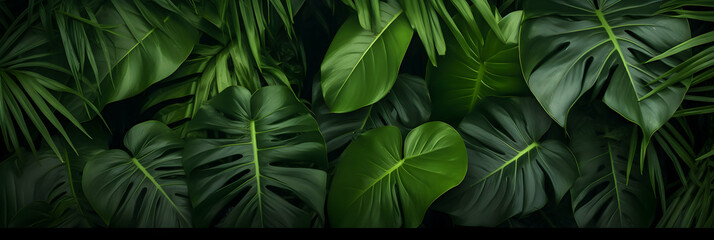 Background of dark green tropical leaves monstera, palm, coconut leaf, fern, palm leaf, banana leaf. Wide panorama backdrop wallpaper, concept of nature, generative ai - obrazy, fototapety, plakaty