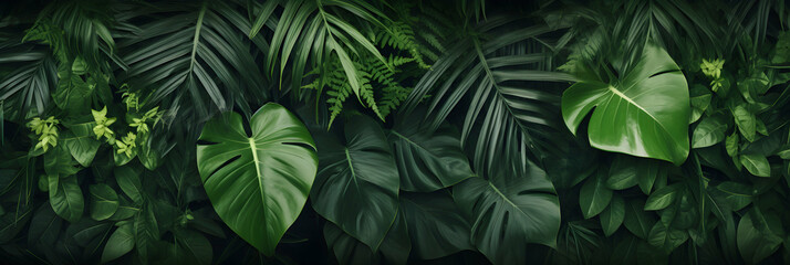 Background of dark green tropical leaves monstera, palm, coconut leaf, fern, palm leaf, banana leaf. Wide panorama backdrop wallpaper, concept of nature, generative ai - obrazy, fototapety, plakaty