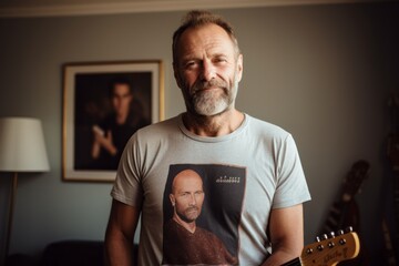 Portrait of a tender man in his 50s sporting a vintage band t-shirt against a modern minimalist...