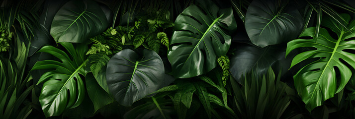 Background of dark green tropical leaves monstera, palm, coconut leaf, fern, palm leaf, banana leaf. Wide panorama backdrop wallpaper, concept of nature, generative ai