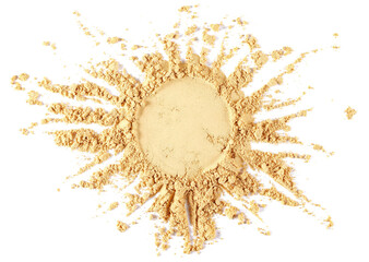 Ginger powder in shape sun isolated on white, top view